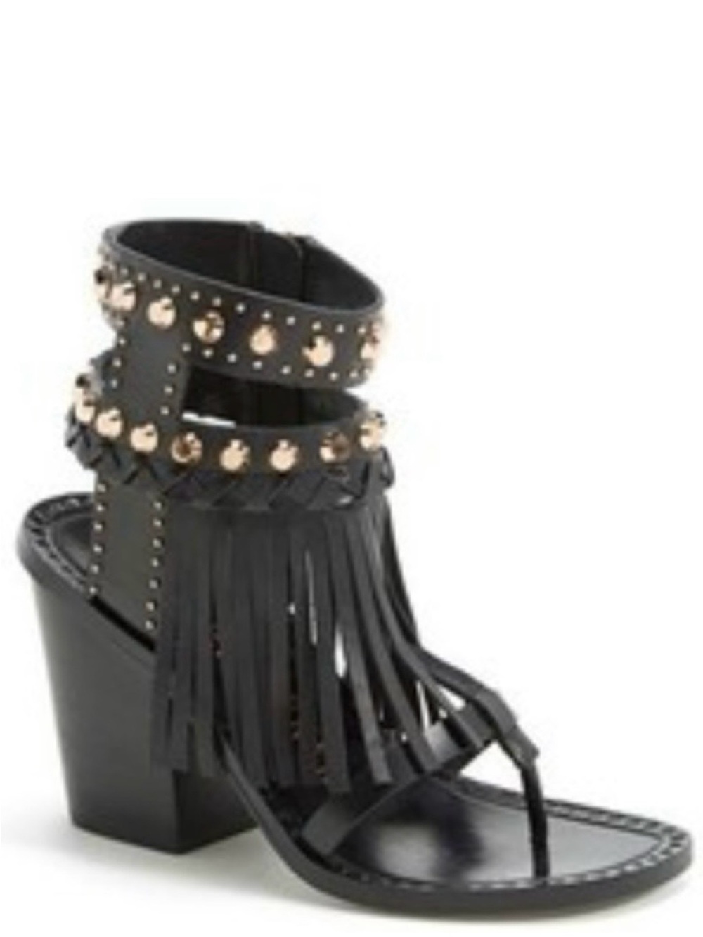 IVY KIRZHNER Black Leather Fringe Gold Studded Thong  Block Heel Size 8